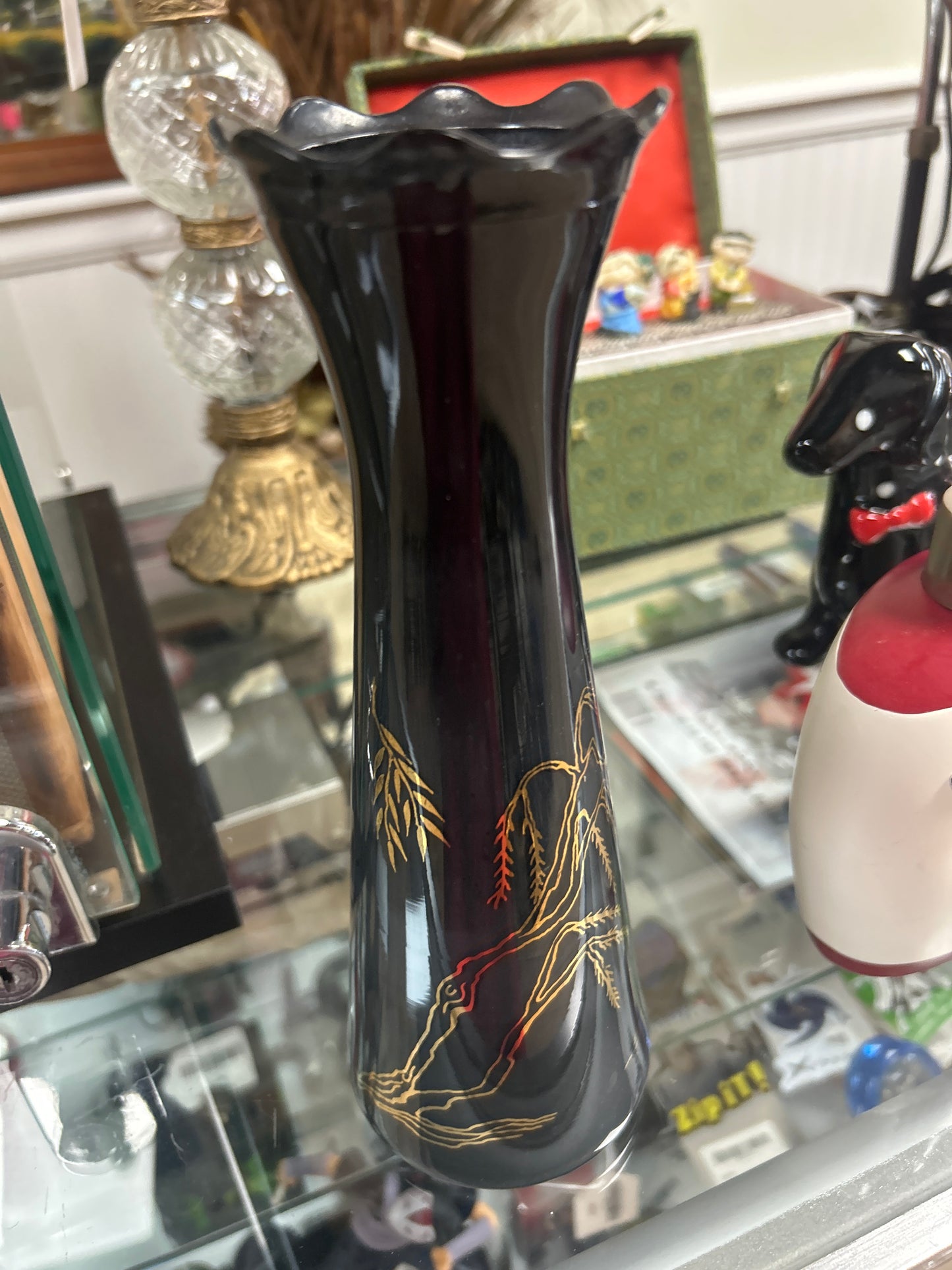 Vintage Bartlett Collins Atomic Age Glass 9" Vase Black Gold Asian Pagoda