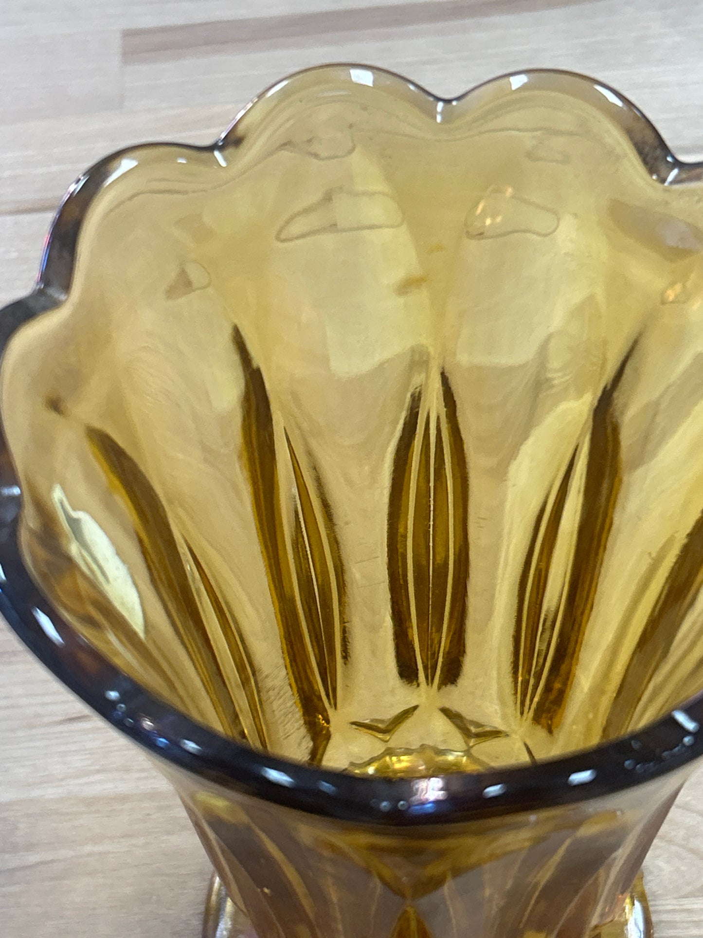 Vintage Anchor Hocking Fairfield art deco style amber glass footed vase 8 1/2”