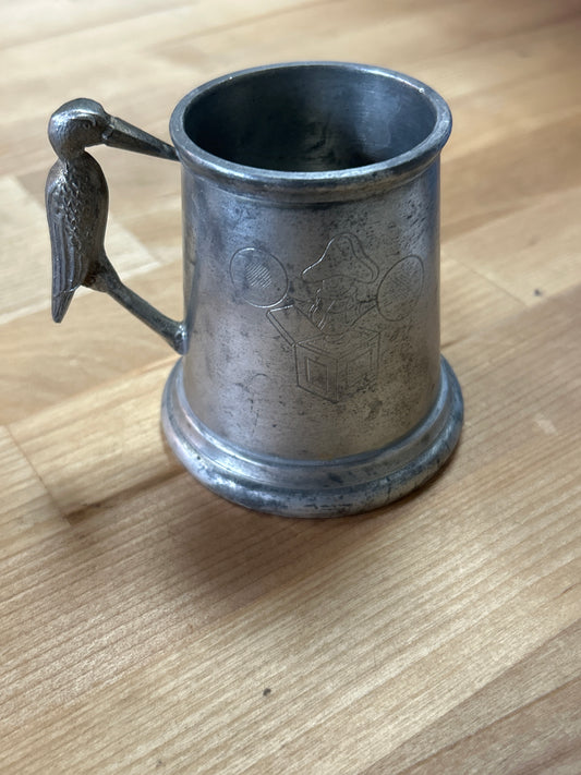Vintage Stork Handle Baby Cup Vintage English Pewter; Engrave able (needs a good cleaning)