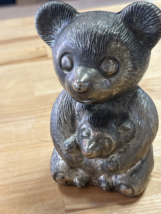 Vintage Silver Plated Colored Teddy Bear with Cub Coin Bank  Regal Silver Japan