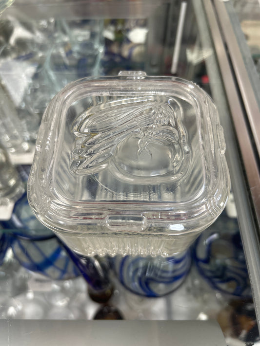 Vintage Federal Clear Glass Refrigerator Dish with Lid Vegetable Pattern