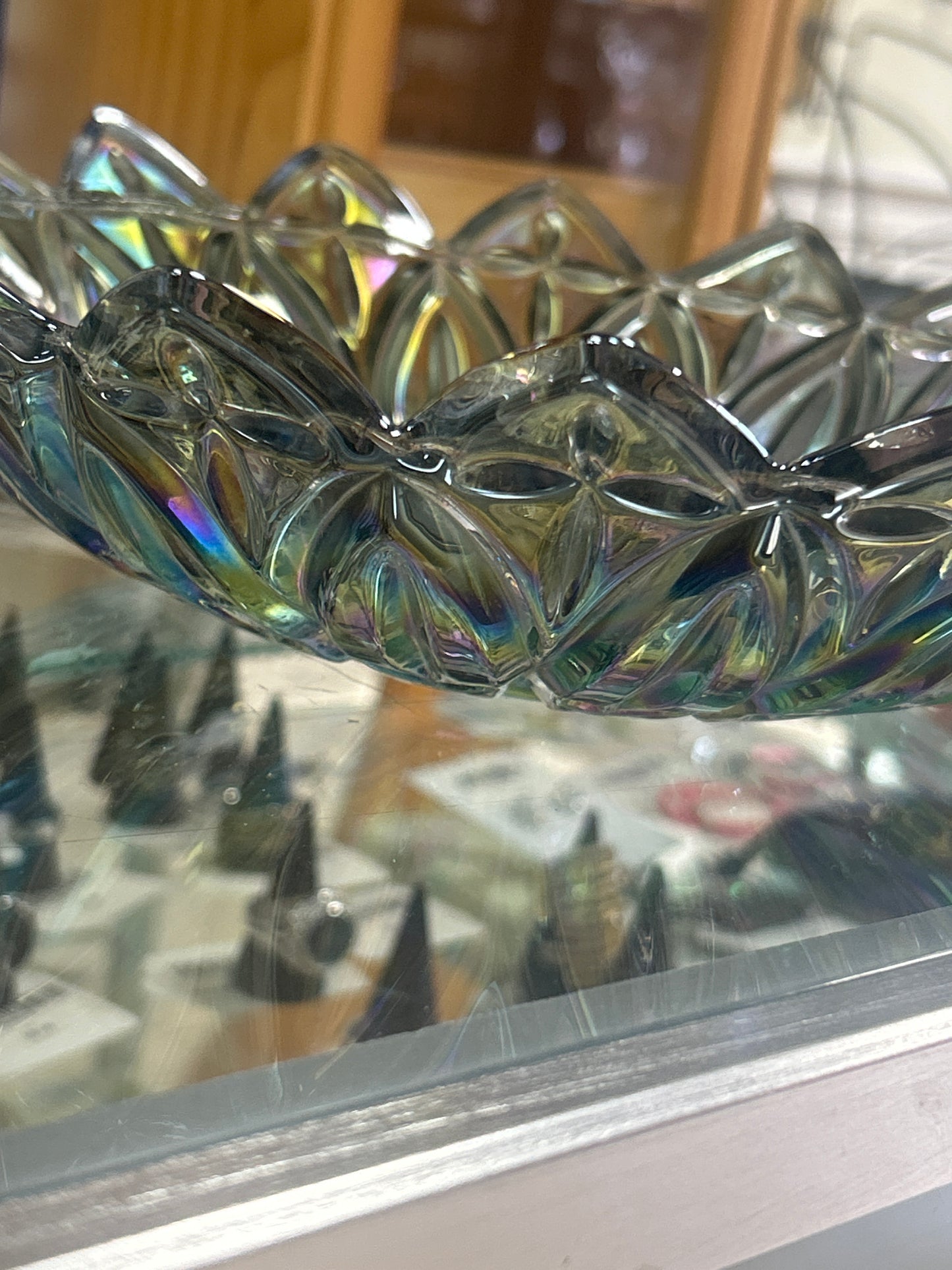 Vintage Federal Glass Petal Iridescent Smoke 10" Round Bowl