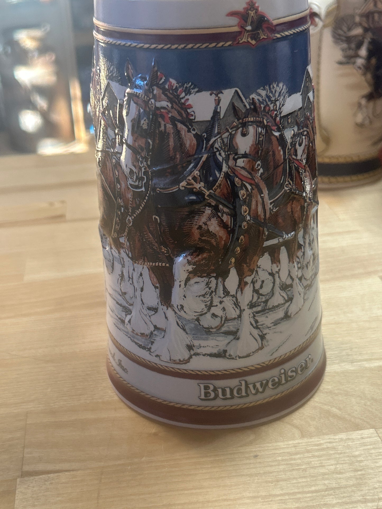 VTG 1989 Budweiser Anheuser Busch Beer Stein Mug Holiday Clydesdale Collectors