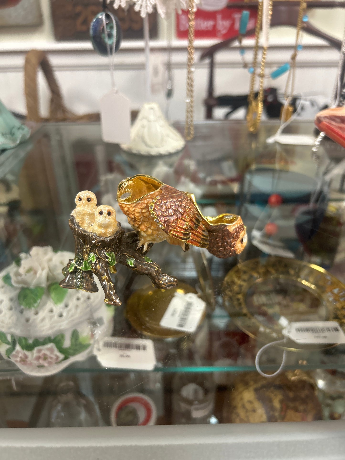 decorative enamel trinket box mother owl and her two owlets perched on a tree branch