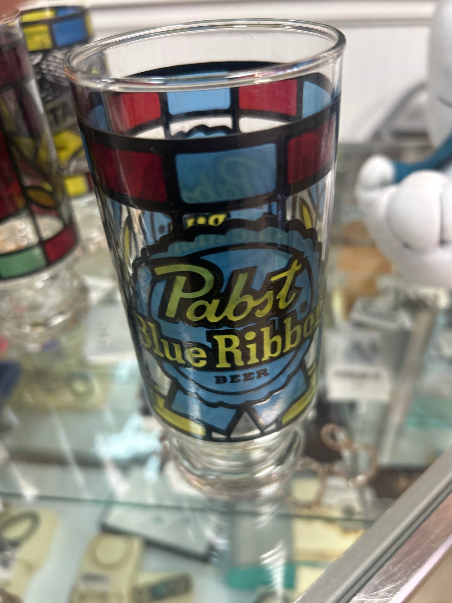 Vintage 1970’s Set of 6 Faux Stained Glass Beer Drinking Glasses Falstaff Schlitz Pabst (Anchor Hocking)