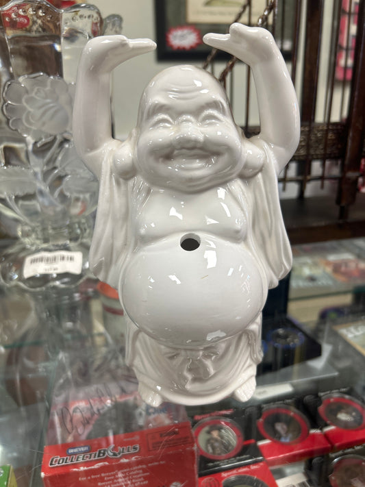 White Ceramic Happy Buddha Statue Figurine Incense Holder Planter 7 1/2