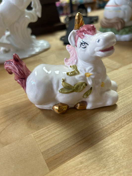 Vintage Porcelain Unicorn Figure Unicorn W/Gold Horn 3.5” Laying Down