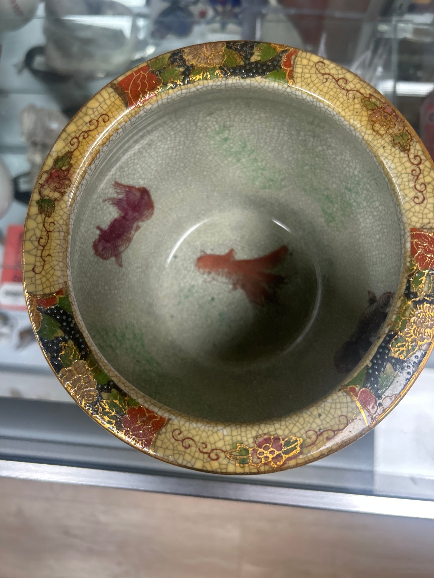 vintage Satsuma-style porcelain fishbowl planter intricate hand-painted floral motifs and gilded gold leaf