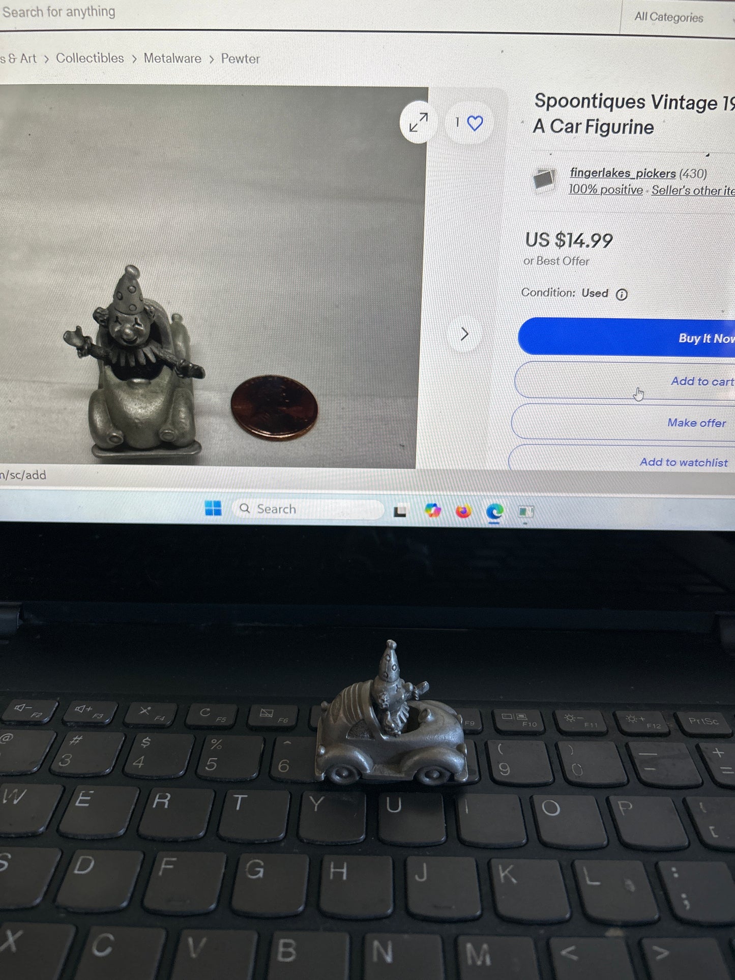 Spoontiques Vintage 1987 Pewter Clown Driving A Car Figurine