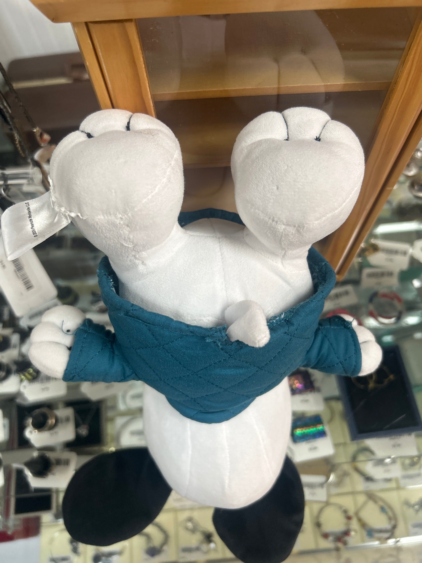 Snoopy plush toy wearing a blue puffer coat Pre-owned. Excellent Shape