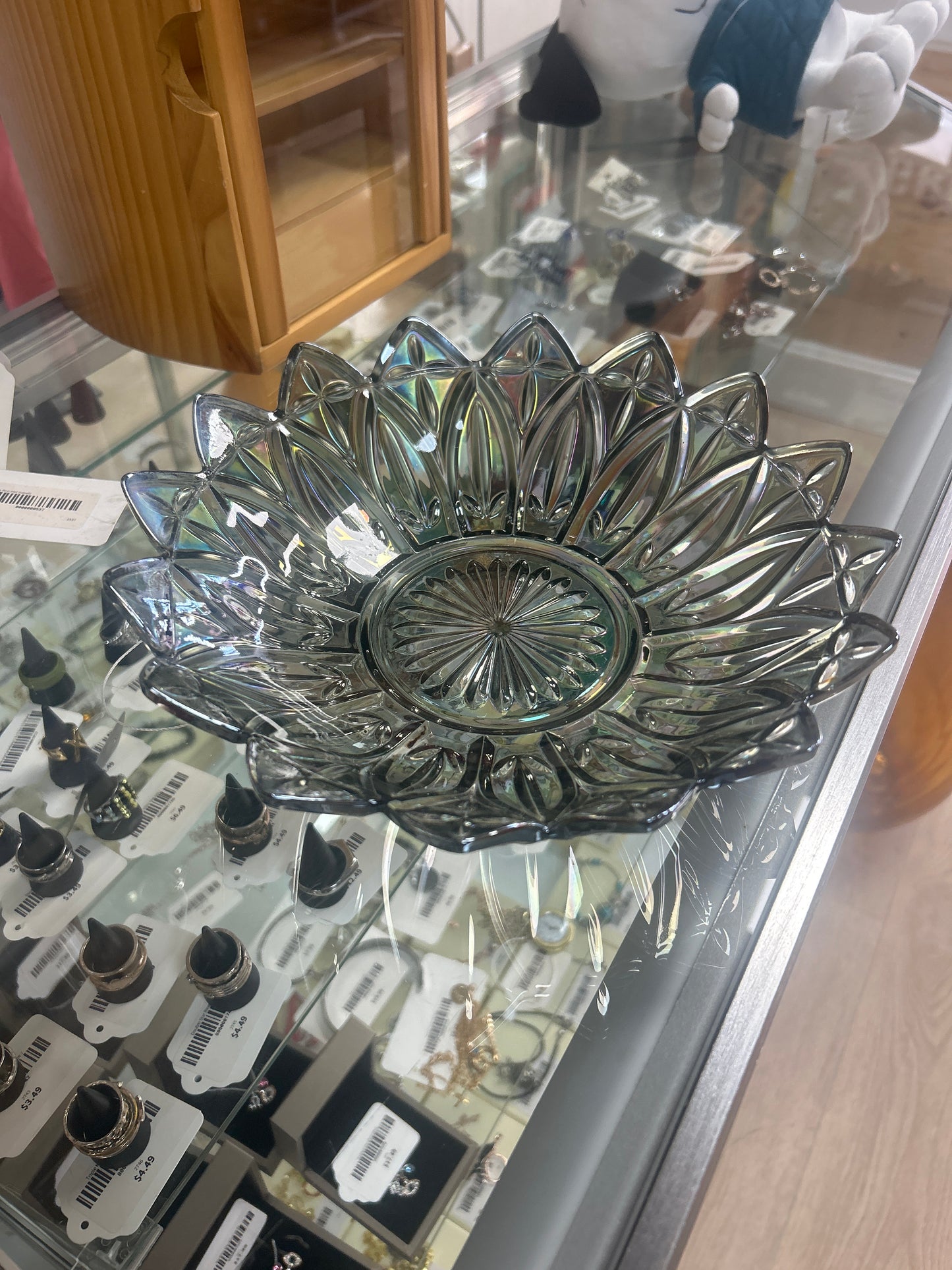 Vintage Federal Glass Petal Iridescent Smoke 10" Round Bowl