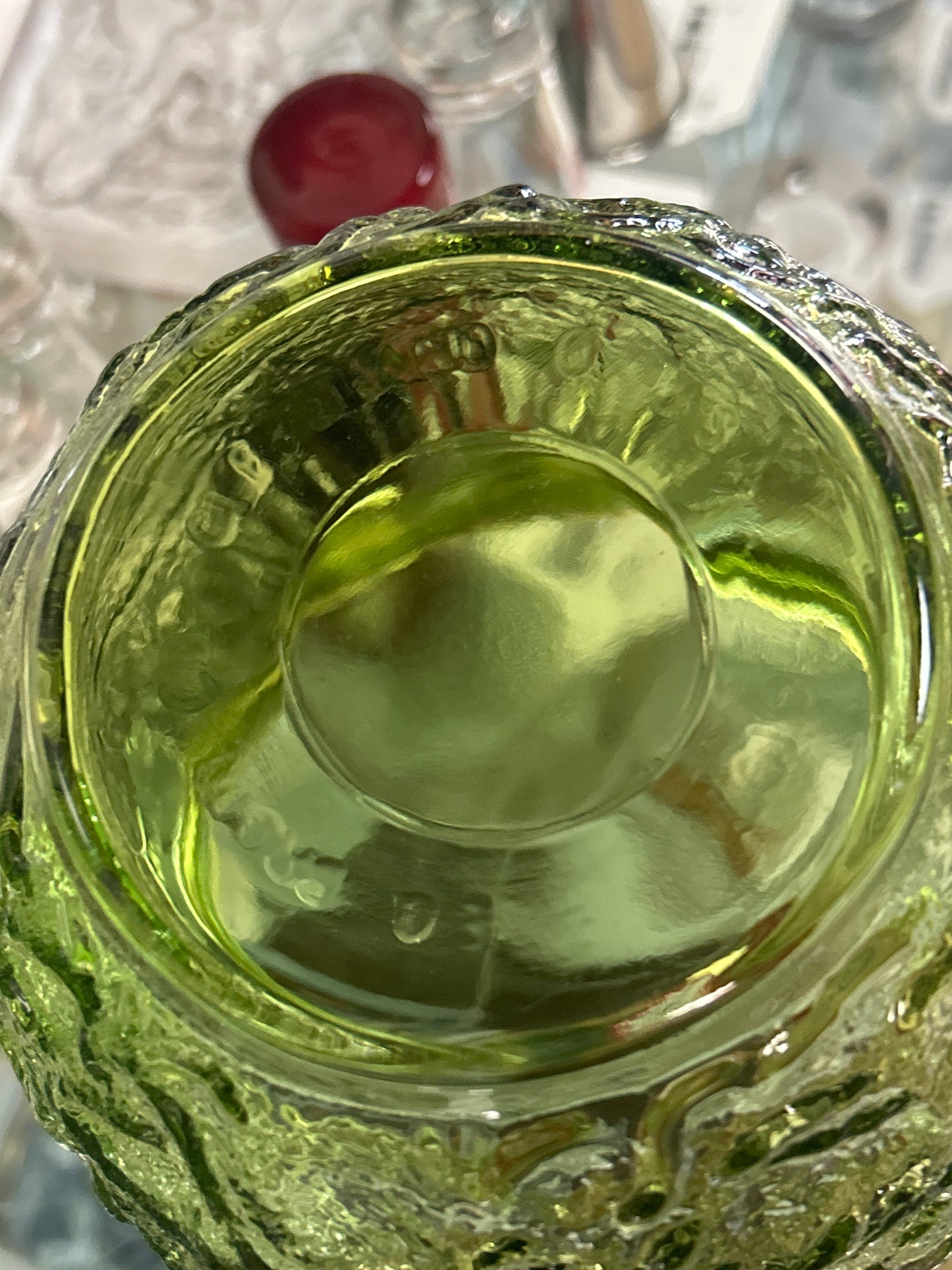 Vintage 1970s E.O Brody Co Crinkle Glass Bowl / Vase / Planter. Avocado Green USA