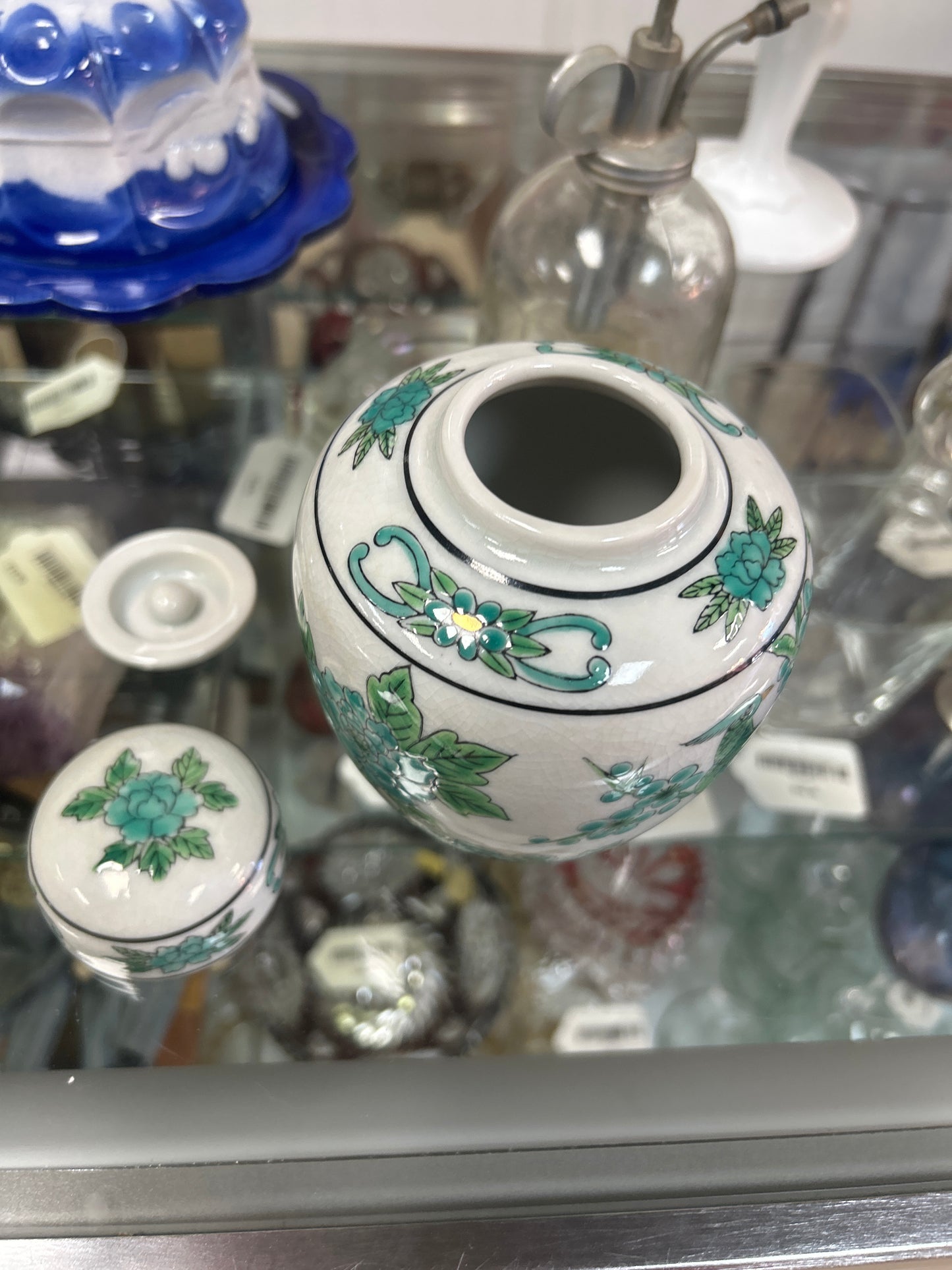 Japanese Porcelain Hand Painted Ginger Jar 5.5" Green Birds Flowers Age Grazing