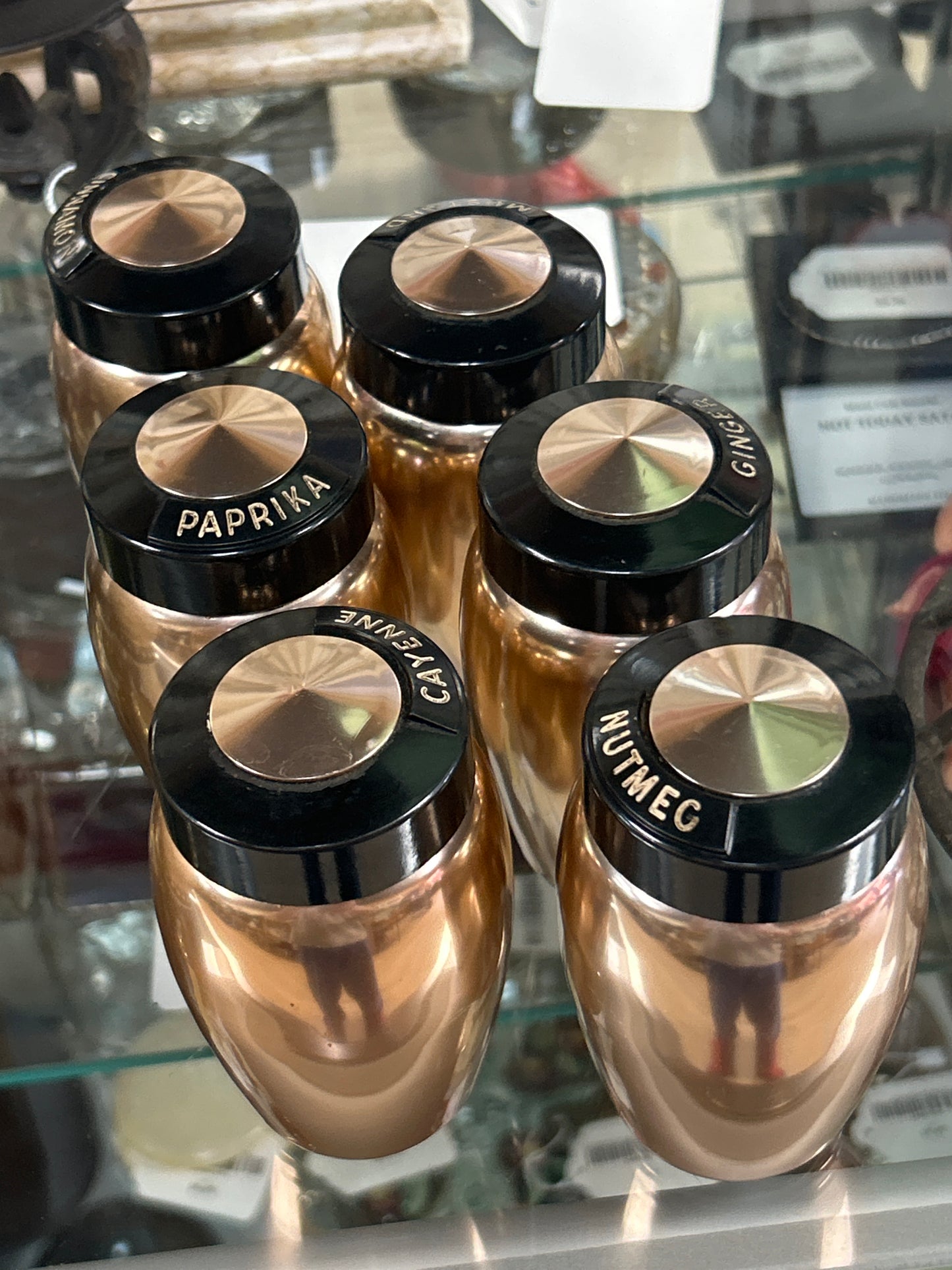 1950S VINTAGE KROMEX COPPER ALUMINUM 6 SPICE SET CANISTERS SHAKERS