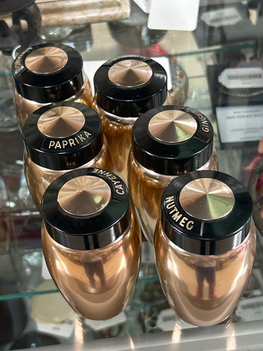 1950S VINTAGE KROMEX COPPER ALUMINUM 6 SPICE SET CANISTERS SHAKERS