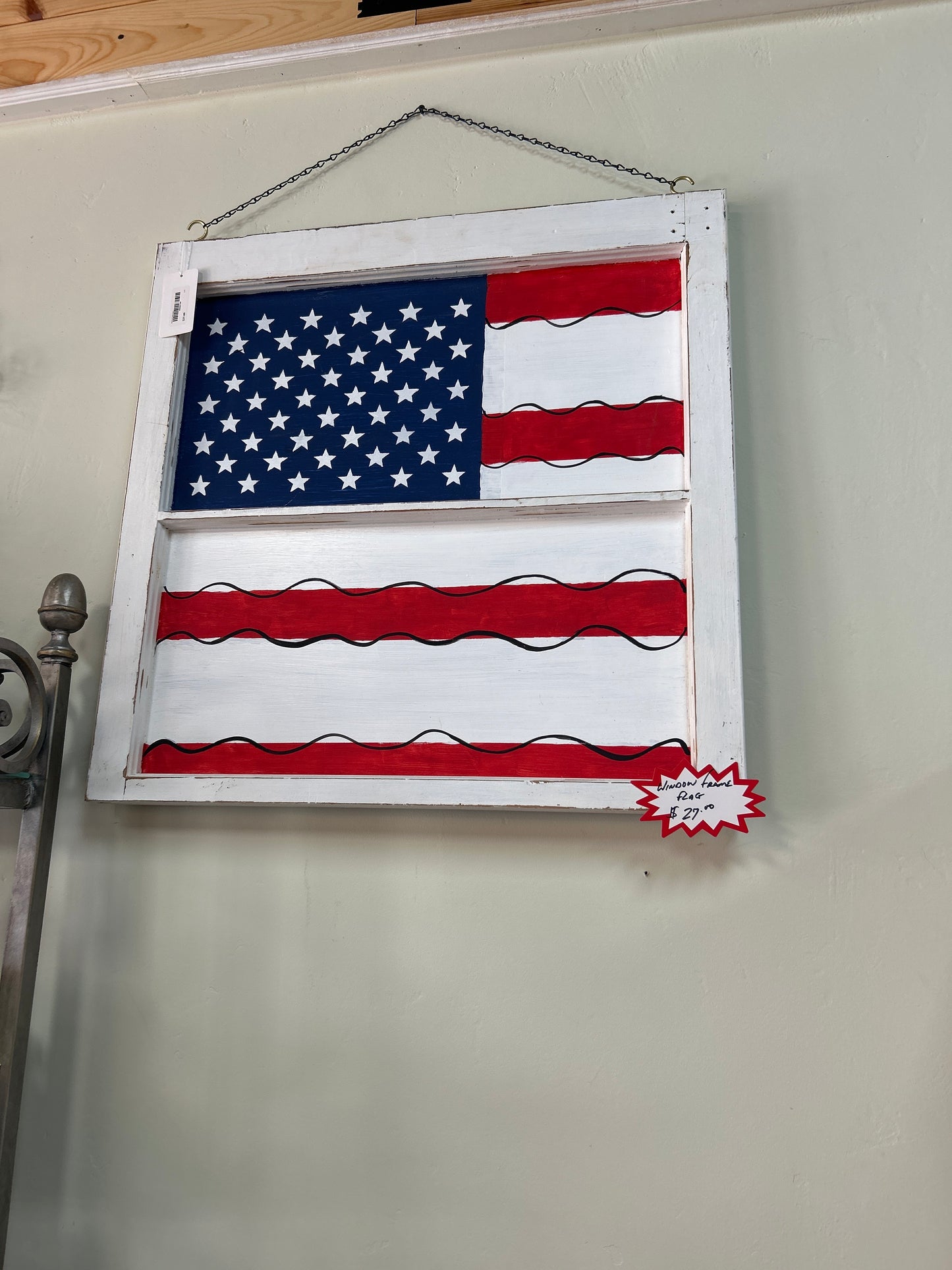 Window Frame Painted Flag Art (w/ hanging chain) ea