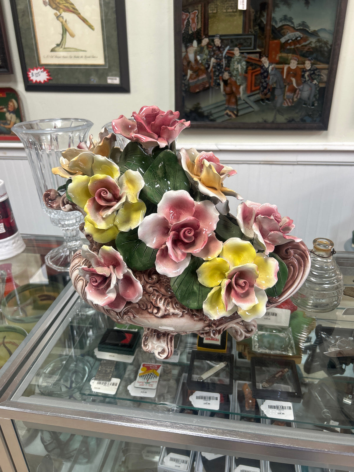 Vintage Capodimonte Porcelain Flower Basket, Pink and Yellow Roses